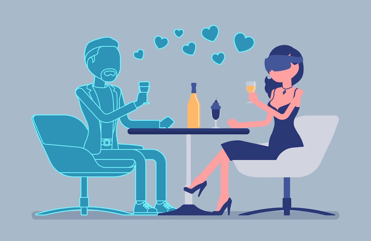 Virtual date in restaurant. Woman wearing VR headset meeting with not real man, gaming system for entertainment, computer technology for simulated environment. Vector illustration, faceless characters